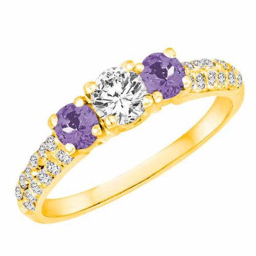 18K Yellow Gold Round 3 Stone Diamond and Tanzanite Engagement Ring With Double Row Pave Set Shank (1.15 cttw)