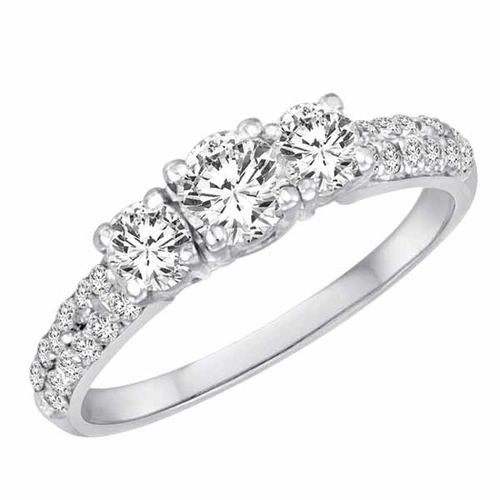 14K White Gold 3 Three Stone Round Brilliant Diamond Engagement Ring With Double Row Pave Set Shank (1.00 cttw)