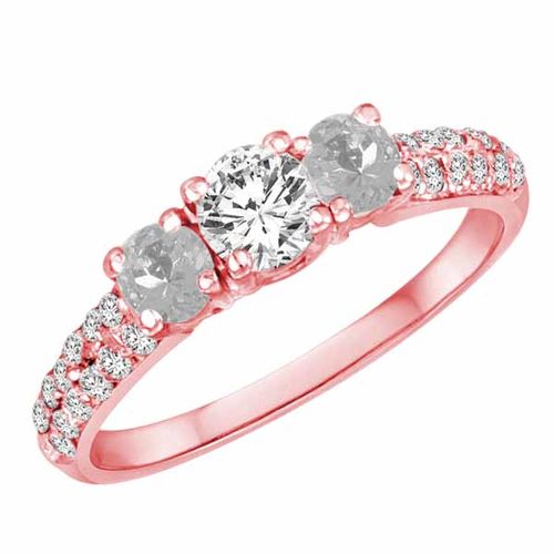 18K Rose Gold Round 3 Stone Diamond and White Quartz Engagement Ring With Double Row Pave Set Shank (1.15 cttw)