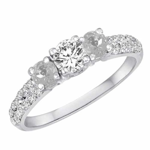 10K White Gold Round 3 Stone Diamond and White Quartz Engagement Ring With Double Row Pave Set Shank (1.15 cttw)