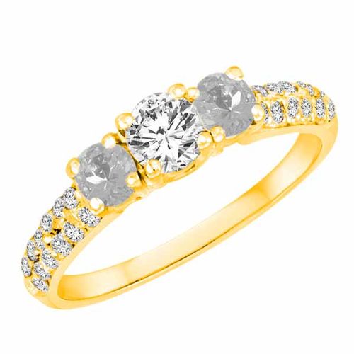 18K Yellow Gold Round 3 Stone Diamond and White Quartz Engagement Ring With Double Row Pave Set Shank (1.15 cttw)