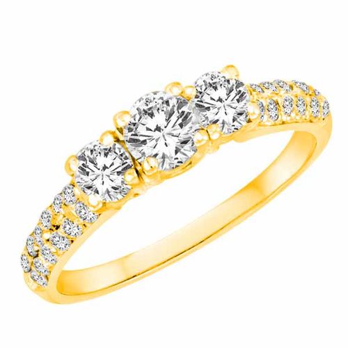 14K Yellow Gold 3 Three Stone Round Brilliant Diamond Engagement Ring With Double Row Pave Set Shank (1.00 cttw)