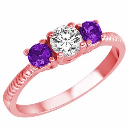 18K Rose Gold Round 3 Stone Diamond and Amethyst Engagement Ring With Etched Shank (0.95 cttw)