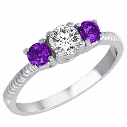 Platinum Round 3 Stone Diamond and Amethyst Engagement Ring With Etched Shank (0.95 cttw)