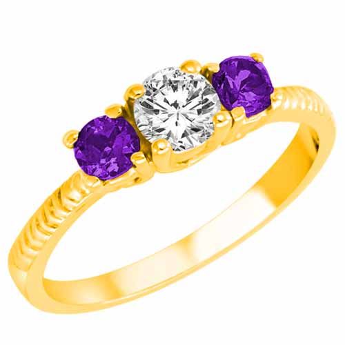 10K Yellow Gold Round 3 Stone Diamond and Amethyst Engagement Ring With Etched Shank (0.95 cttw)