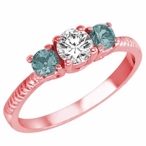 14K Rose Gold Round 3 Stone Diamond and Aquamarine Engagement Ring With Etched Shank (0.95 cttw)