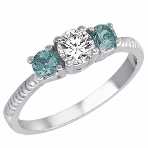 Platinum Round 3 Stone Diamond and Aquamarine Engagement Ring With Etched Shank (0.95 cttw)