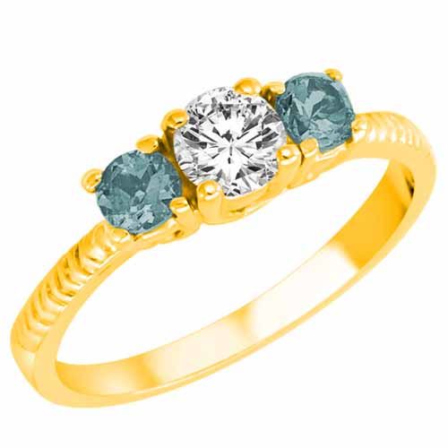 18K Yellow Gold Round 3 Stone Diamond and Aquamarine Engagement Ring With Etched Shank (0.95 cttw)