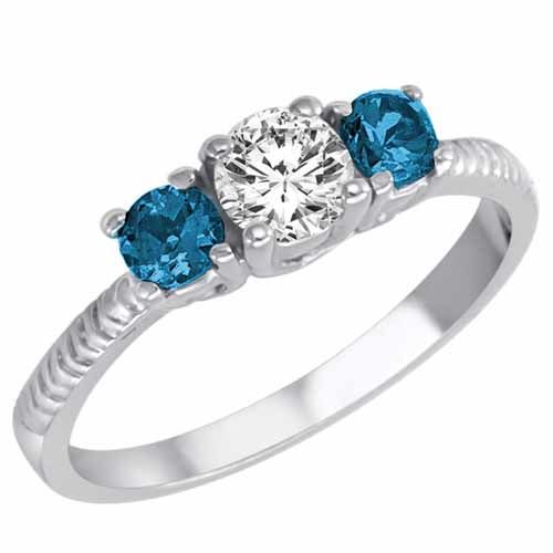 Platinum 3 Stone Diamond and Blue Diamond Accented Engagement Ring With Etched Shank (9/10 cttw)