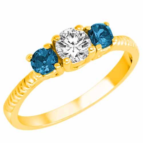 18K Yellow Gold 3 Stone Diamond and Blue Diamond Accented Engagement Ring With Etched Shank (9/10 cttw)
