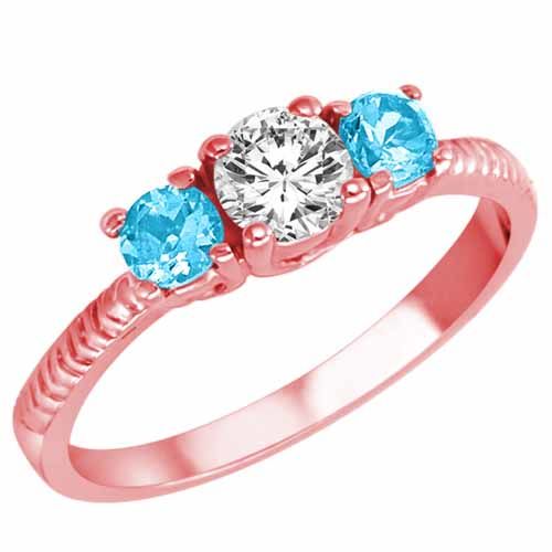 18K Rose Gold Round 3 Stone Diamond and Blue Topaz Engagement Ring With Etched Shank (0.95 cttw)