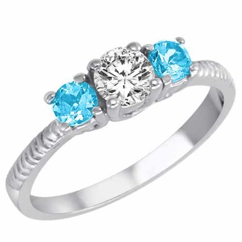 18K White Gold Round 3 Stone Diamond and Blue Topaz Engagement Ring With Etched Shank (0.95 cttw)