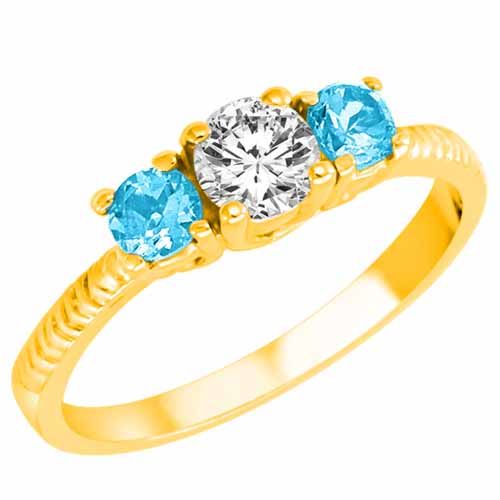 14K Yellow Gold Round 3 Stone Diamond and Blue Topaz Engagement Ring With Etched Shank (0.95 cttw)