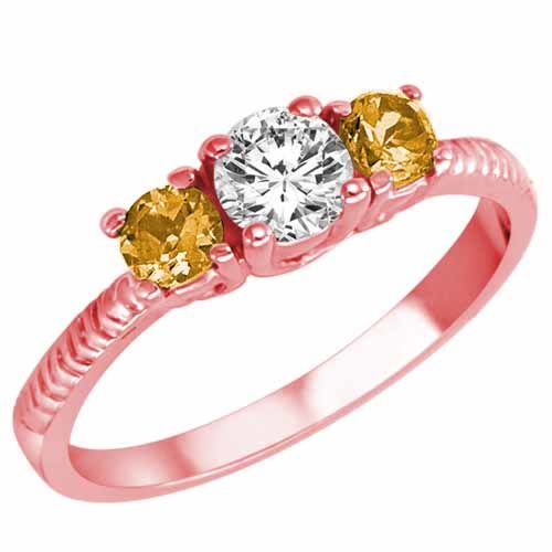 18K Rose Gold Round 3 Stone Diamond and Citrine Engagement Ring With Etched Shank (0.95 cttw)
