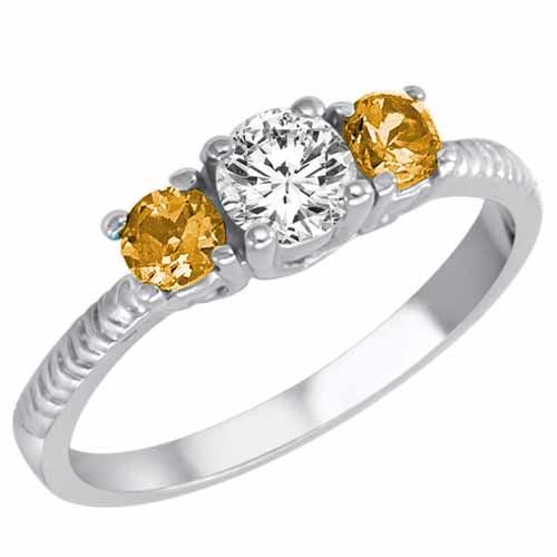 Platinum Round 3 Stone Diamond and Citrine Engagement Ring With Etched Shank (0.95 cttw)