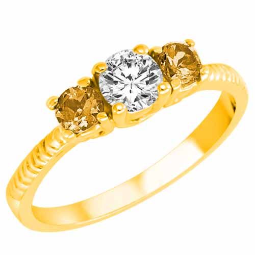 18K Yellow Gold Round 3 Stone Diamond and Citrine Engagement Ring With Etched Shank (0.95 cttw)