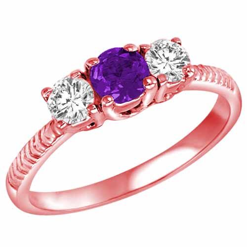 14K Rose Gold Round 3 Stone Diamond and Amethyst Engagement Ring With Etched Shank (0.90 cttw)