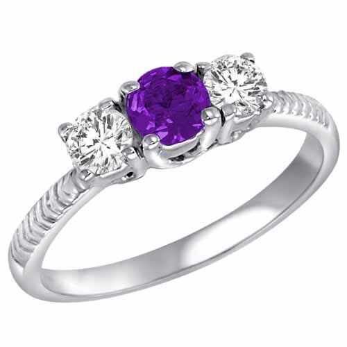 18K White Gold Round 3 Stone Diamond and Amethyst Engagement Ring With Etched Shank (0.90 cttw)