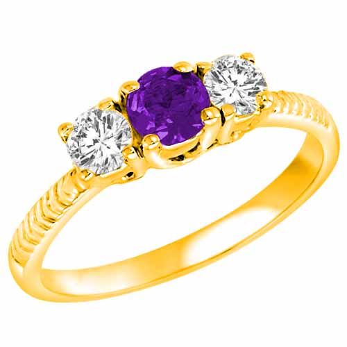 14K Yellow Gold Round 3 Stone Diamond and Amethyst Engagement Ring With Etched Shank (0.90 cttw)