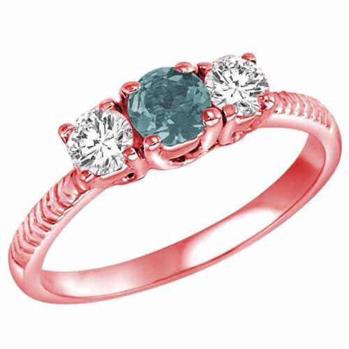14K Rose Gold Round 3 Stone Diamond and Aquamarine Engagement Ring With Etched Shank (0.90 cttw)