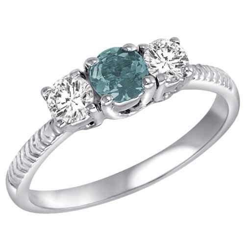 18K White Gold Round 3 Stone Diamond and Aquamarine Engagement Ring With Etched Shank (0.90 cttw)