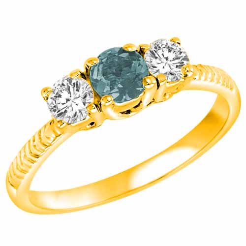 18K Yellow Gold Round 3 Stone Diamond and Aquamarine Engagement Ring With Etched Shank (0.90 cttw)
