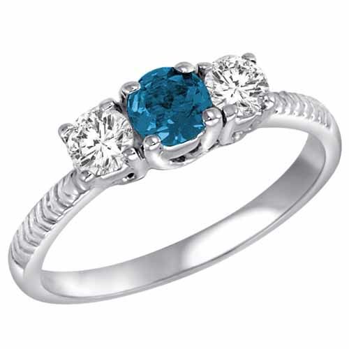 14K White Gold 3 Stone Blue Diamond and White Diamond Engagement Ring With Etched Shank (9/10 cttw)