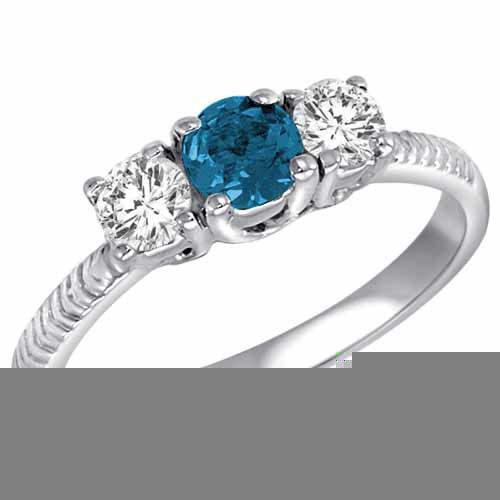 10K White Gold 3 Stone Blue Diamond and White Diamond Engagement Ring With Etched Shank (9/10 cttw)