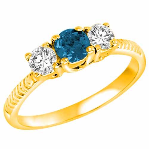 10K Yellow Gold 3 Stone Blue Diamond and White Diamond Engagement Ring With Etched Shank (9/10 cttw)