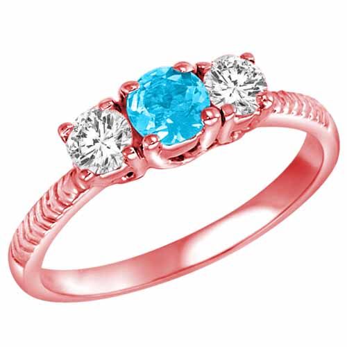 18K Rose Gold Round 3 Stone Diamond and Blue Topaz Engagement Ring With Etched Shank (0.90 cttw)