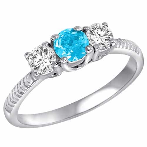 10K White Gold Round 3 Stone Diamond and Blue Topaz Engagement Ring With Etched Shank (0.90 cttw)