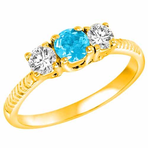10K Yellow Gold Round 3 Stone Diamond and Blue Topaz Engagement Ring With Etched Shank (0.90 cttw)
