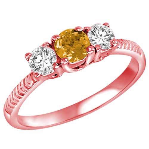 18K Rose Gold Round 3 Stone Diamond and Citrine Engagement Ring With Etched Shank (0.90 cttw)