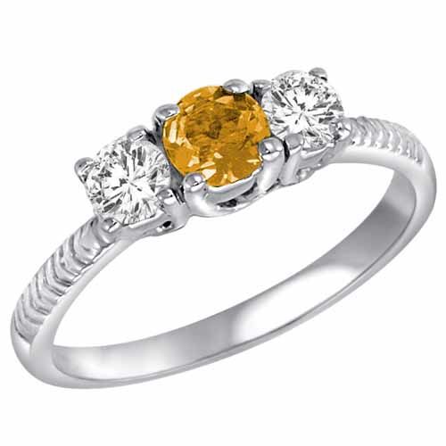 Platinum Round 3 Stone Diamond and Citrine Engagement Ring With Etched Shank (0.90 cttw)