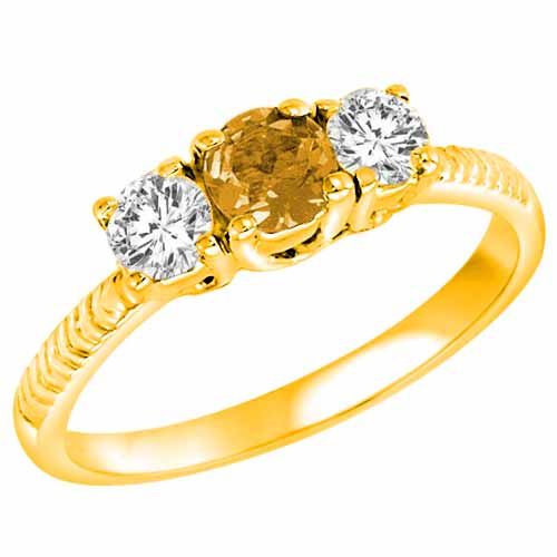 10K Yellow Gold Round 3 Stone Diamond and Citrine Engagement Ring With Etched Shank (0.90 cttw)