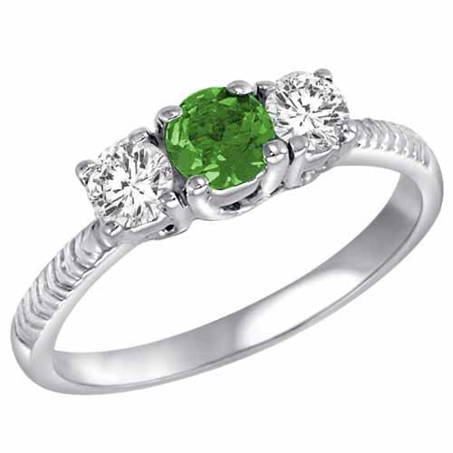Sterling Silver Round 3 Stone Diamond and Emerald Engagement Ring With Etched Shank (0.90 cttw)