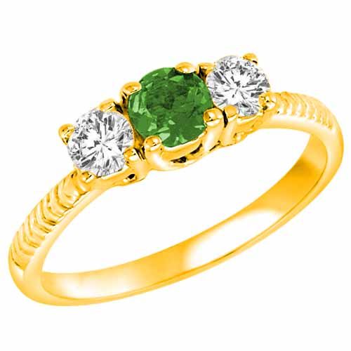 14K Yellow Gold Round 3 Stone Diamond and Emerald Engagement Ring With Etched Shank (0.90 cttw)