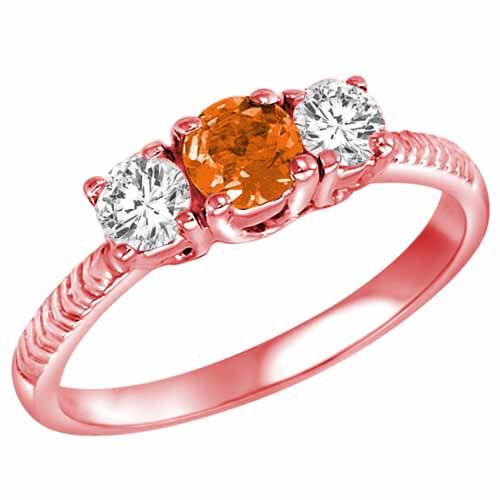 18K Rose Gold Round 3 Stone Diamond and Fire Opal Engagement Ring With Etched Shank (0.90 cttw)