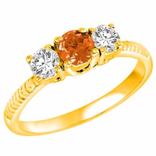 10K Yellow Gold Round 3 Stone Diamond and Fire Opal Engagement Ring With Etched Shank (0.90 cttw)