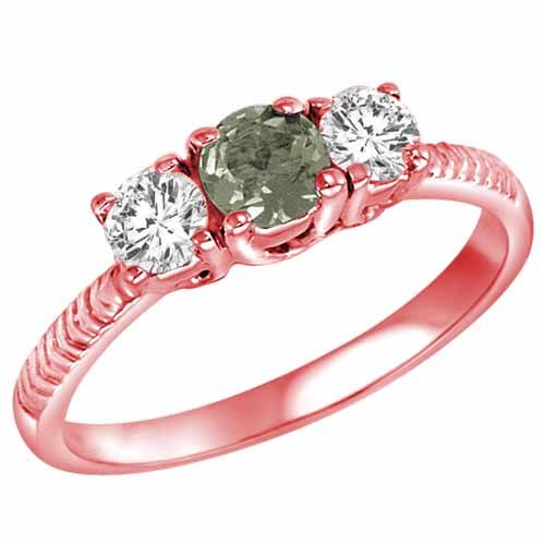 10K Rose Gold Round 3 Stone Diamond and Green Amethyst Engagement Ring With Etched Shank (0.90 cttw)