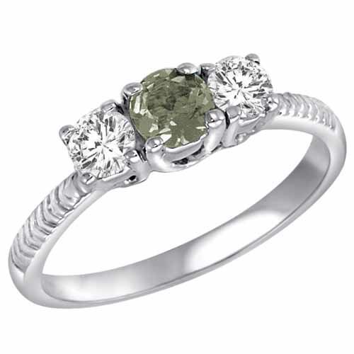 10K White Gold Round 3 Stone Diamond and Green Amethyst Engagement Ring With Etched Shank (0.90 cttw)