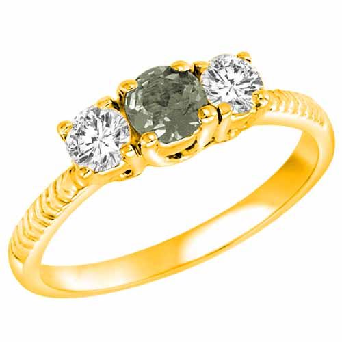 10K Yellow Gold Round 3 Stone Diamond and Green Amethyst Engagement Ring With Etched Shank (0.90 cttw)