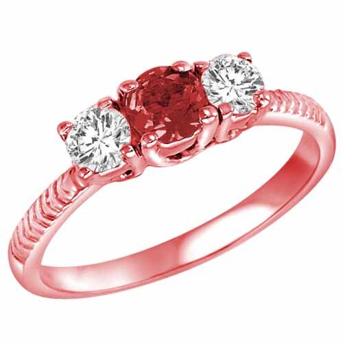 18K Rose Gold Round 3 Stone Diamond and Garnet Engagement Ring With Etched Shank (0.90 cttw)