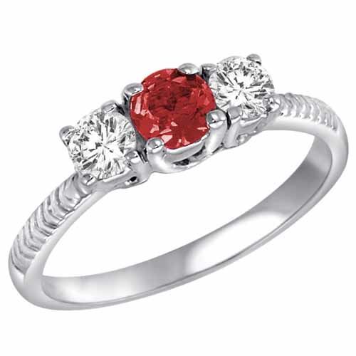 Sterling Silver Round 3 Stone Diamond and Garnet Engagement Ring With Etched Shank (0.90 cttw)
