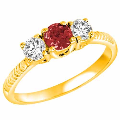 18K Yellow Gold Round 3 Stone Diamond and Garnet Engagement Ring With Etched Shank (0.90 cttw)