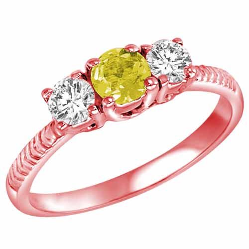 18K Rose Gold Round 3 Stone Diamond and Lemon Quartz Engagement Ring With Etched Shank (0.90 cttw)