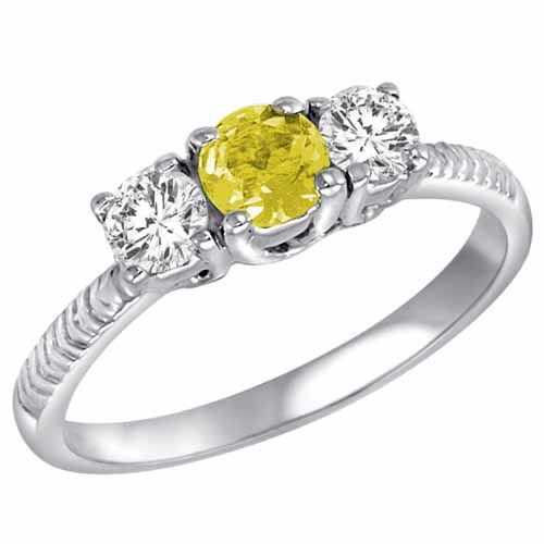 Sterling Silver Round 3 Stone Diamond and Lemon Quartz Engagement Ring With Etched Shank (0.90 cttw)