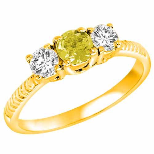 14K Yellow Gold Round 3 Stone Diamond and Lemon Quartz Engagement Ring With Etched Shank (0.90 cttw)