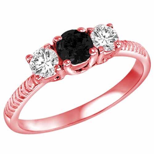 14K Rose Gold Round 3 Stone Diamond and Onyx Engagement Ring With Etched Shank (0.90 cttw)