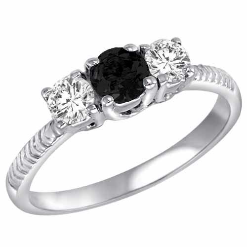 18K White Gold Round 3 Stone Diamond and Onyx Engagement Ring With Etched Shank (0.90 cttw)